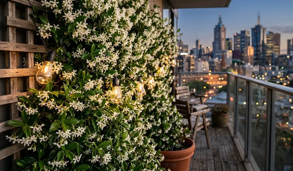 Star Jasmine vine on trellis with fairy lights for romantic balcony decor ideas.