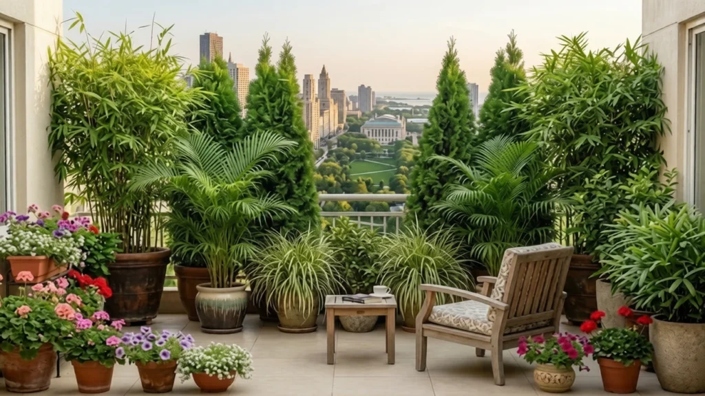 Luxurious apartment balcony garden with tall bamboo and arborvitae plants in large pots for natural privacy screening and a scenic city view.