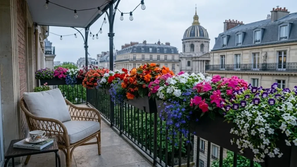 Cozy north-facing balcony filled with colorful shade-loving flowering plants in railing planters