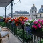 Cozy north-facing balcony filled with colorful shade-loving flowering plants in railing planters