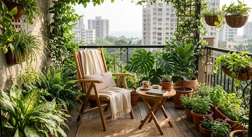 Cozy urban balcony garden featuring a relaxing wooden chair with a soft throw blanket and diverse container plants for a peaceful atmosphere