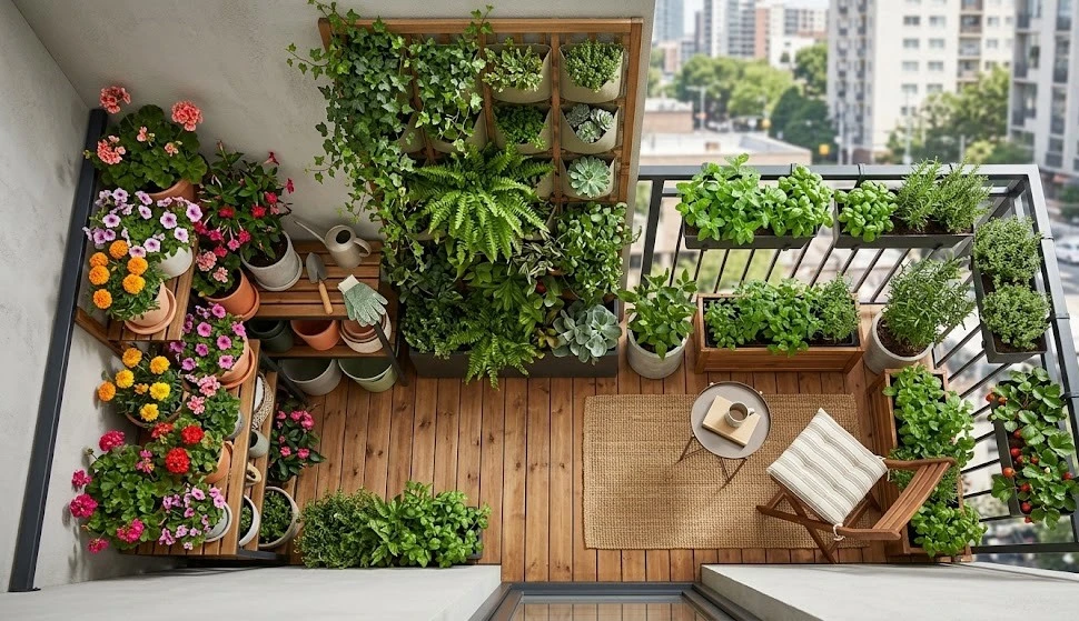 Top view of a well-organized small balcony garden layout with a wooden chair, rug, and organized shelves filled with variety of blooming potted plants