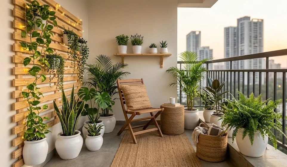 Minimalist balcony garden design with light wooden furniture, a small side table, string lights on a wooden trellis, and various green potted plants