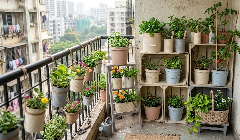 DIY urban balcony garden using recycled containers like metal buckets and wooden crates to grow fresh herbs and small vegetable plants