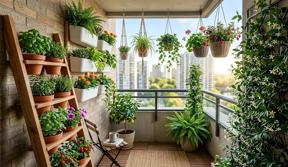 Small balcony vertical garden setup using a wooden ladder shelf with assorted herbs, flowers, and cascading plants to save floor space